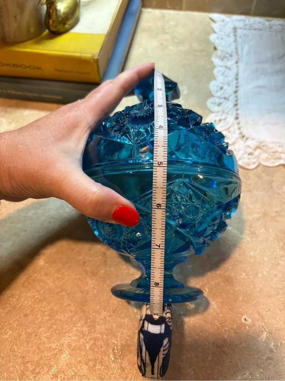 Kemple Glass Aqua Blue Hobstar & Fan Round Pedestal Compote Candy Dish w/ Lid